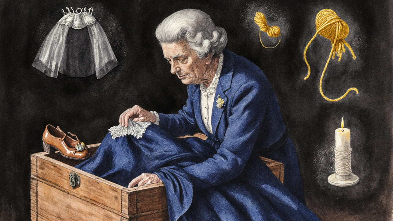 Grand-mère déplie une robe de mariée ancienne dans une armoire de bois, entourée d&#039;éléments traditionnels flottants.