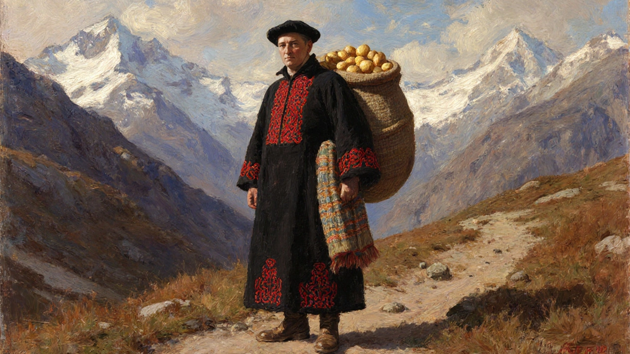 Homme des Pyrénées en robe noire brodée, portant un béret et un sac de pommes de terre sur un sentier de montagne.