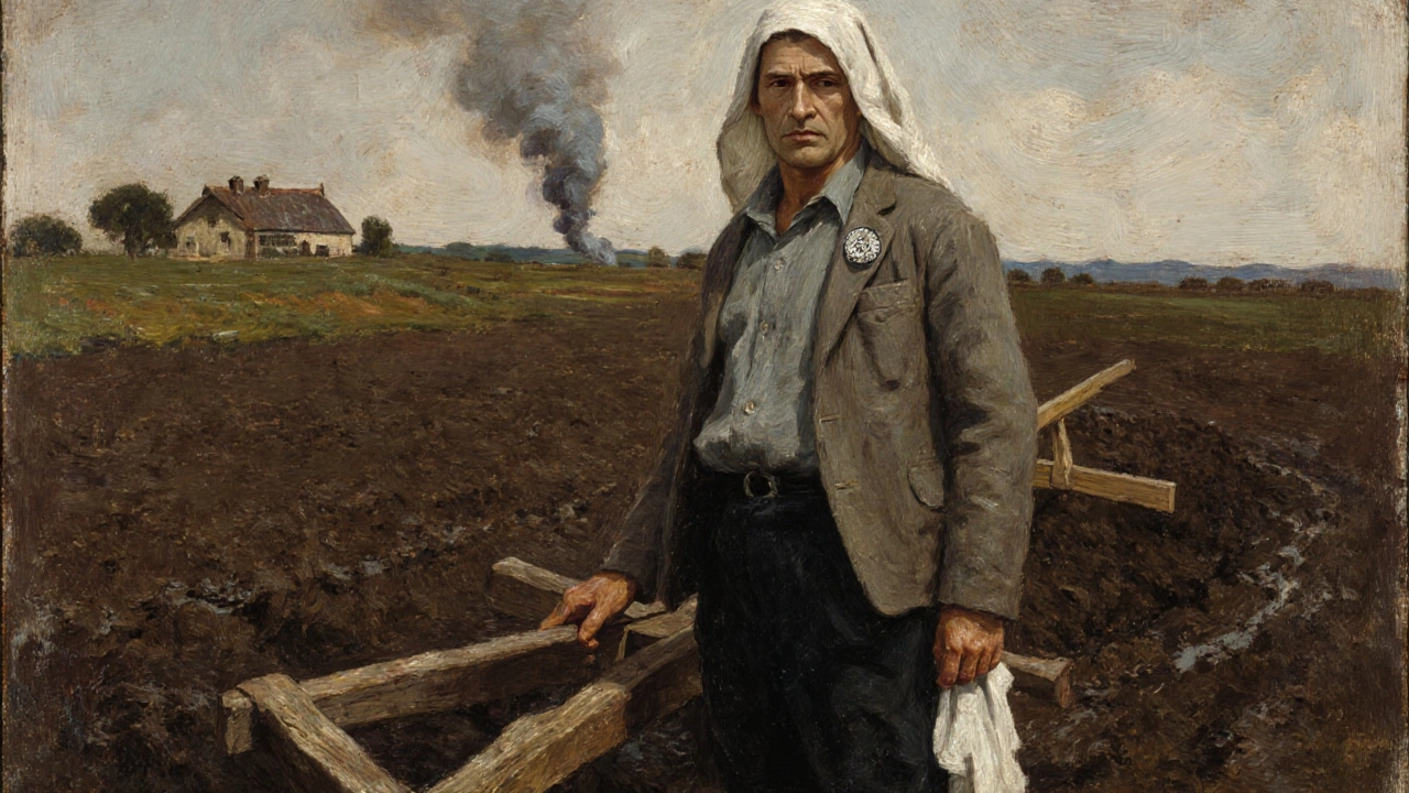 Homme du Limousin en chemise grise et veste simple, debout près d&#039;une charrue dans un champ boueux.