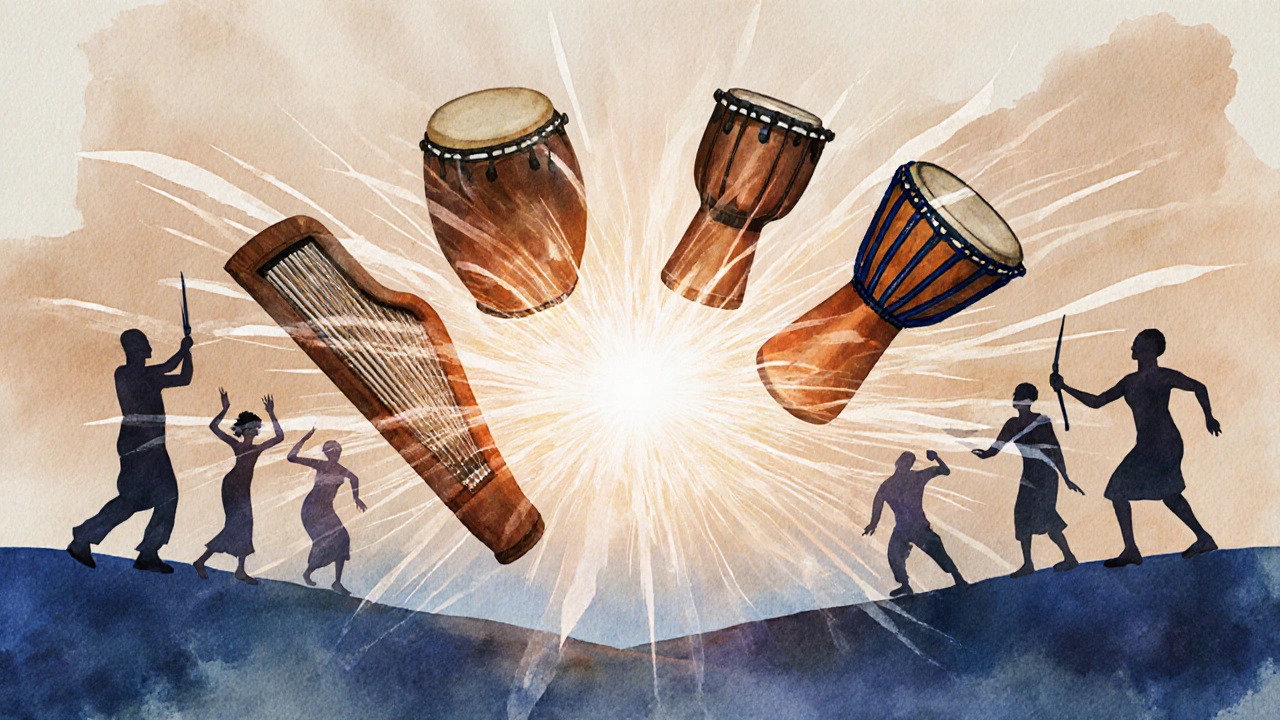 Instruments traditionnels africains flottant en formes de vagues sonores, représentant la fusion des racines musicales modernes.