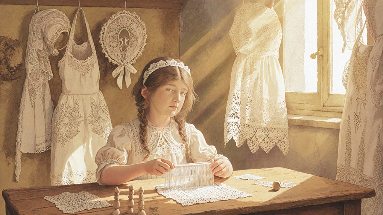 Jeune fille apprenant la dentelle à la main, entourée de coiffes et de tabliers brodés traditionnels.