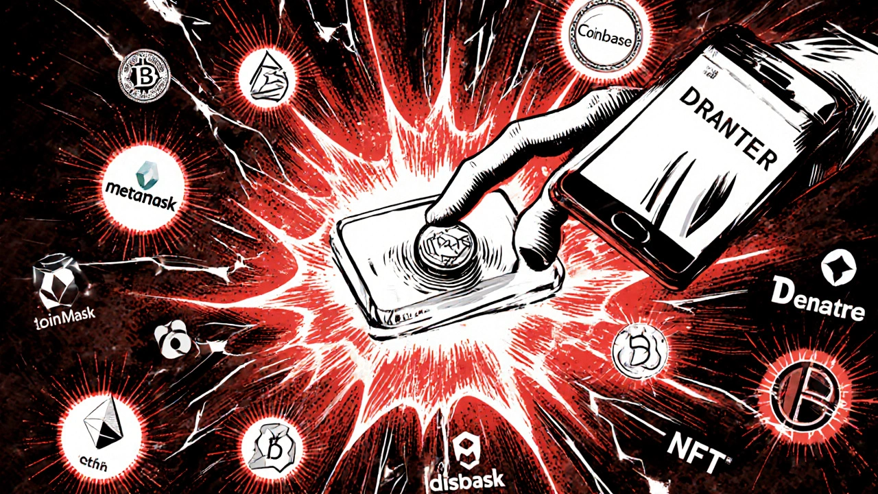 Main cliquant sur un bouton &#039;Signer&#039; qui libère une vague d&#039;actifs crypto vers un vortex d&#039;arnaque.