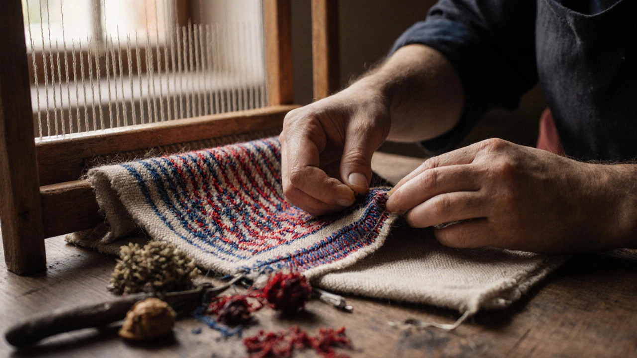 Main d&#039;artisan qui coud une ceinture en laine du Languedoc avec des motifs traditionnels et des teintures naturelles.