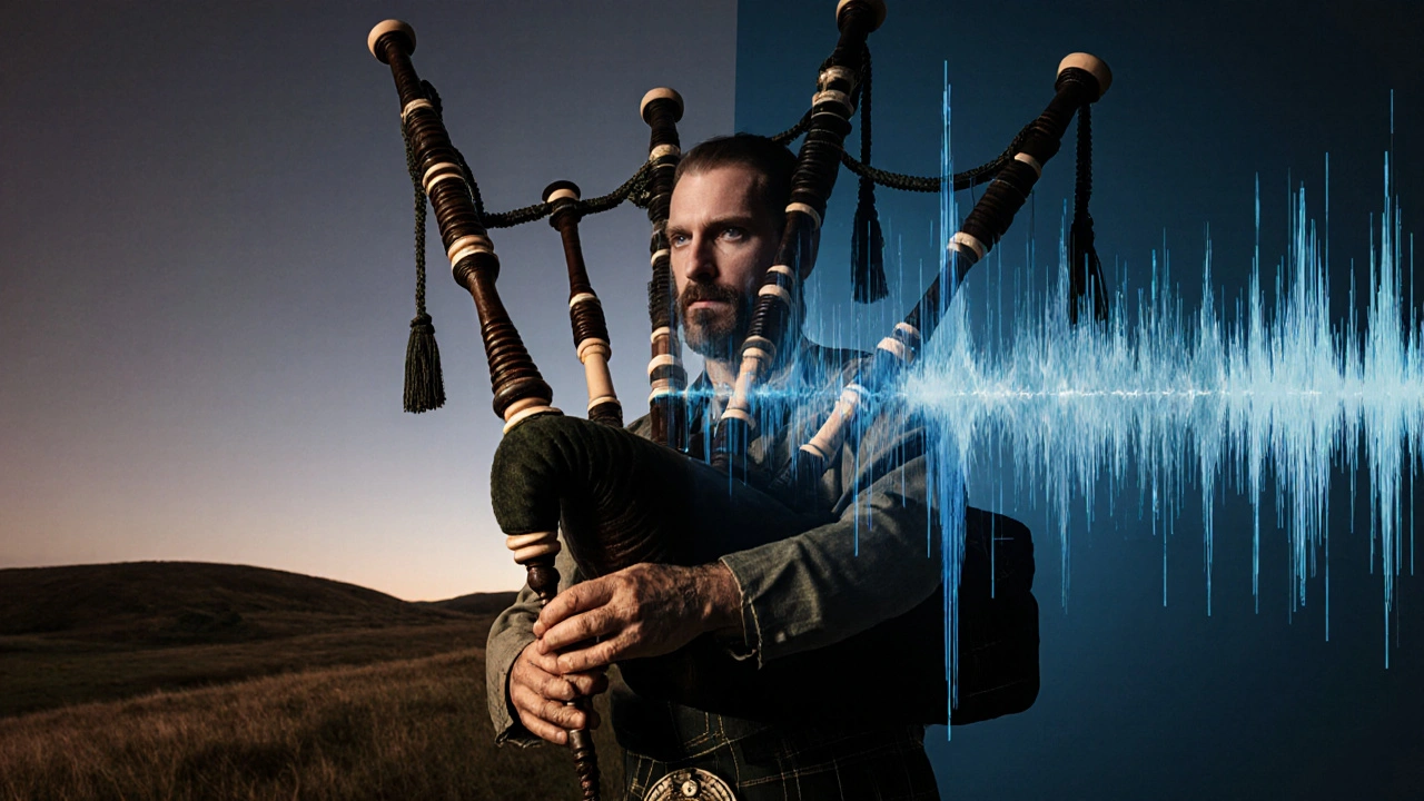 Main tenant une cabrette fusionnée avec un synthétiseur, symbolisant tradition et modernité.