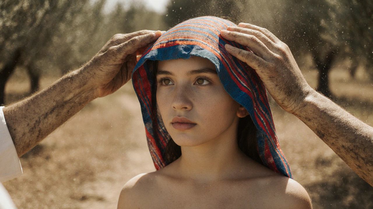 Mains d&#039;une adulte plaçant un fichu provençal sur la tête d&#039;une jeune fille, sous un ciel ensoleillé.