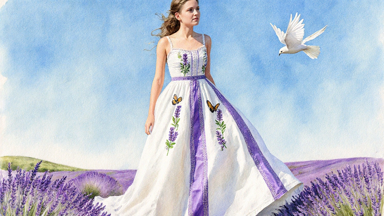 Mariée provençale passant d&#039;une robe fleurie à une robe à bandes verticales dans un champ de lavande.