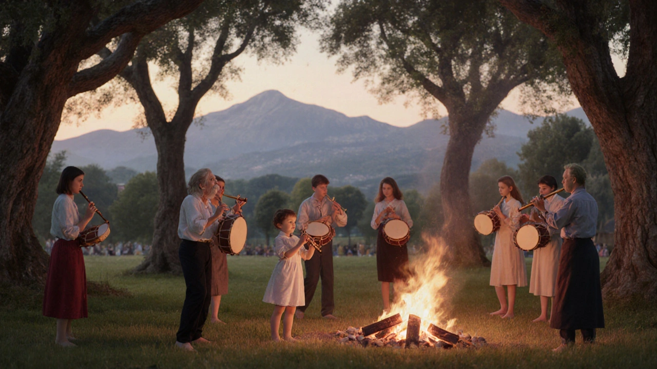 Participants jouent du galoubet et du tambourin autour d&#039;un feu de camp à Pau.