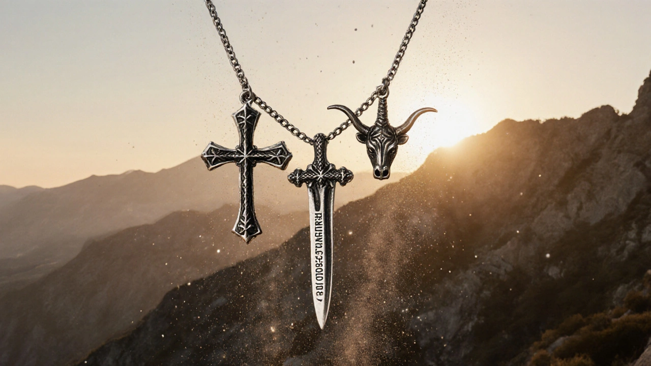 Pendentif corse en argent avec croix, poignard et tête de taureau, suspendu au-dessus d&#039;une montagne.