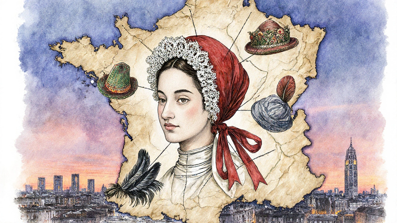 Portrait composite des costumes régionaux français, flottant comme des fragments de tissu sur fond urbain.