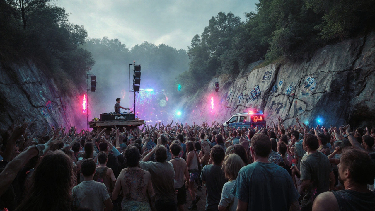Rave clandestine en France, dans une carrière isolée, avec une foule nombreuse et des lumières néon clignotantes.