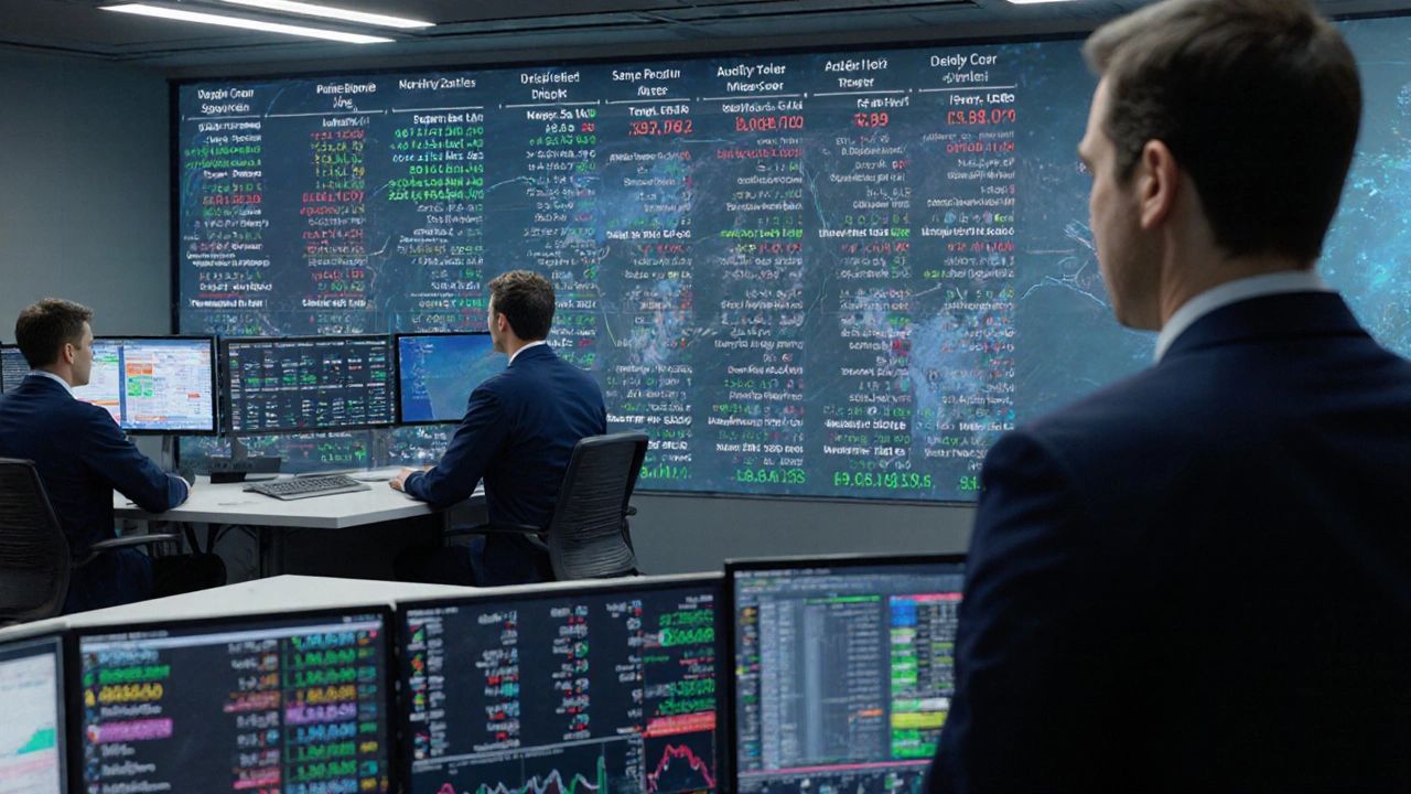 Salle de trading à Berlin avec des dashboards holographiques affichant des transactions EURC et des preuves d&#039;audit régulées.