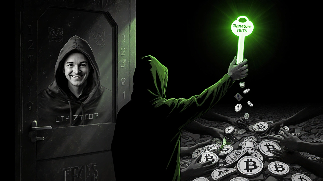 Silhouette humaine tenant une clé de signature devant une porte menant à un vide rempli de biens volés.