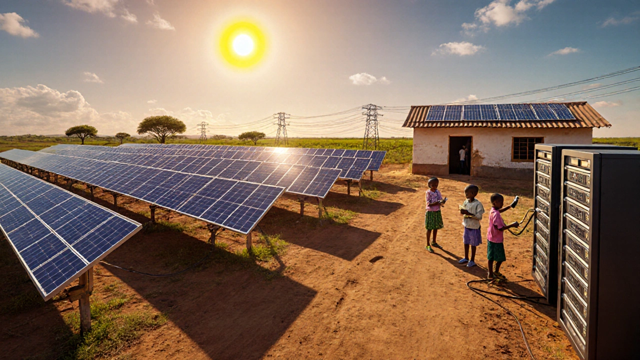 Station solaire de minage au Kenya alimentant à la fois les serveurs et un village voisin.