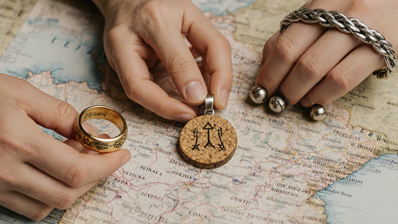 Trois bijoux régionaux français posés sur une carte de France : bague, pendentif et bracelet artisanal.
