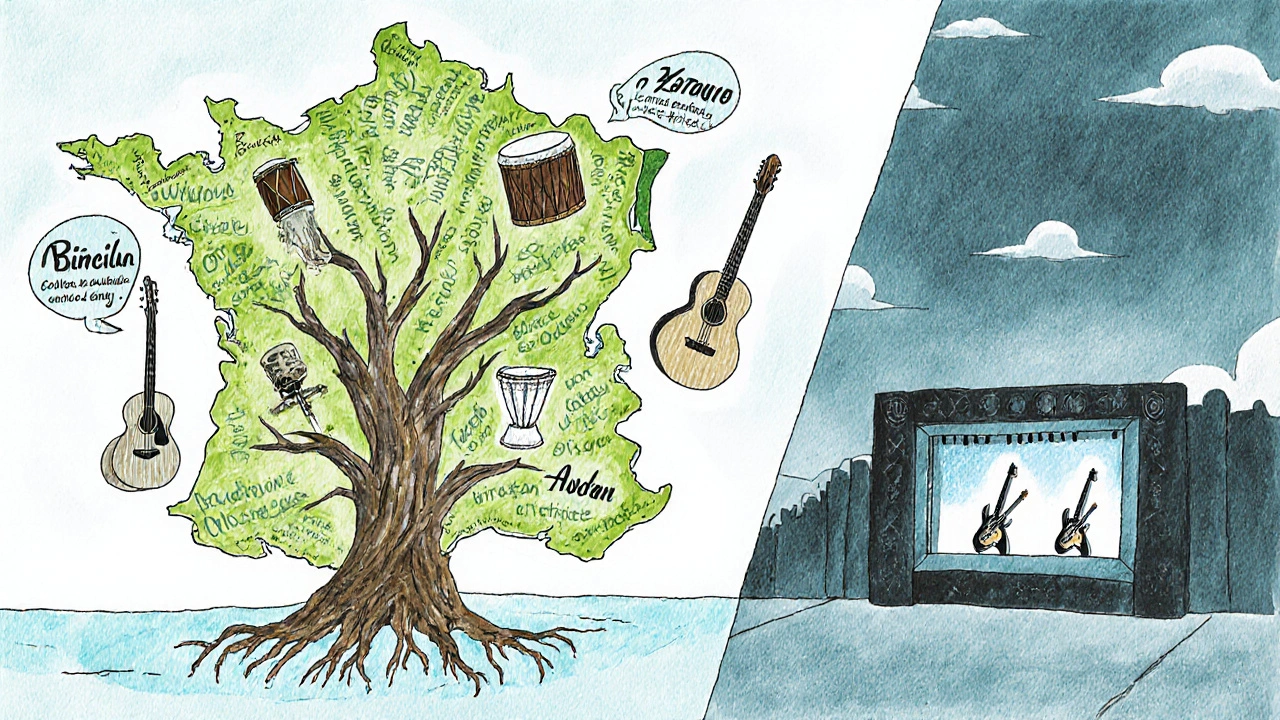 Un arbre aux racines instrumentales, ses feuilles portent des paroles de chansons folkloriques françaises.
