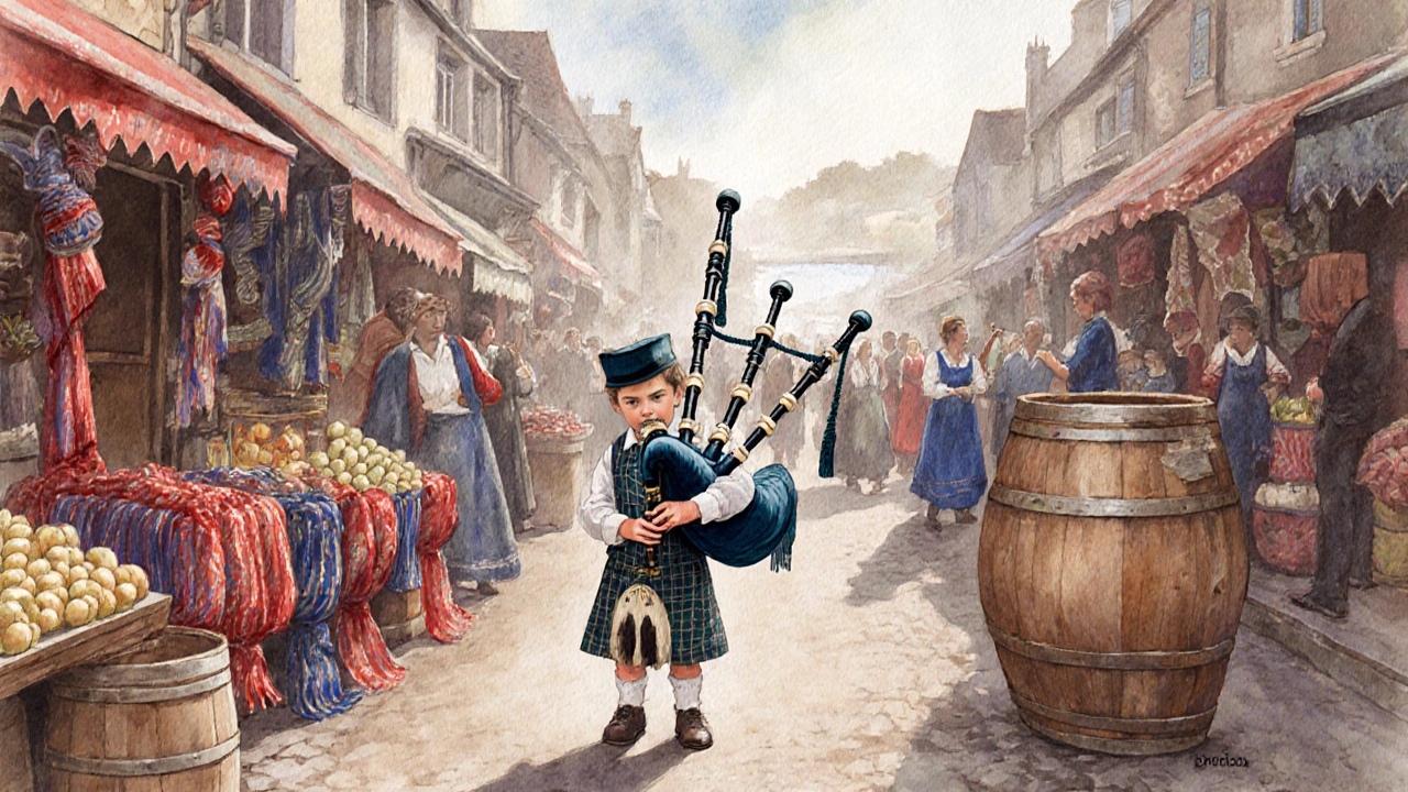 Un enfant joue du biniou dans une rue animée du festival, entouré d&#039;artisans et de tissus brodés.