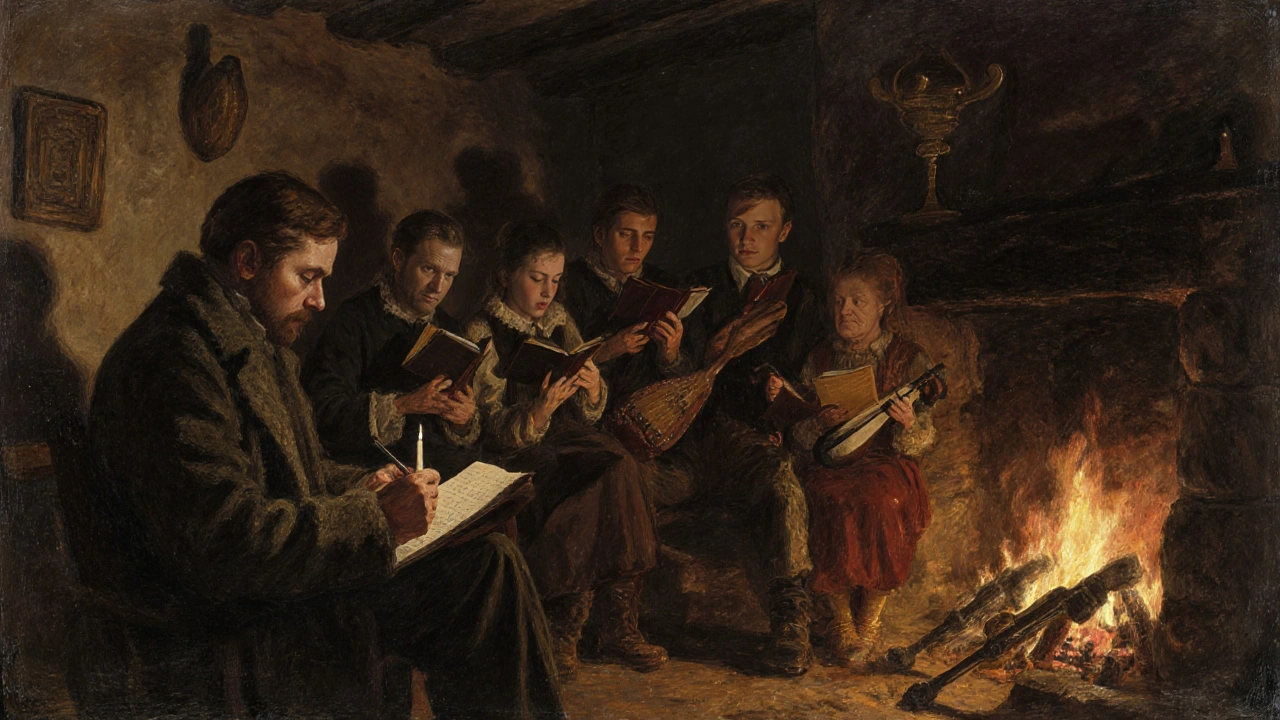 Un ethnographe note une chanson traditionnelle dans une ferme bretonne.