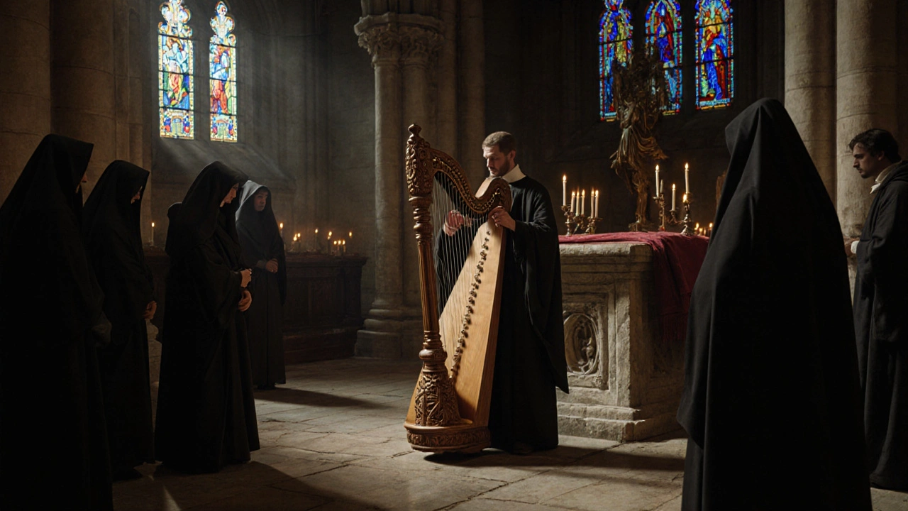 Un joueur de vielle à roue près d&#039;un autel dans une cathédrale gothique.