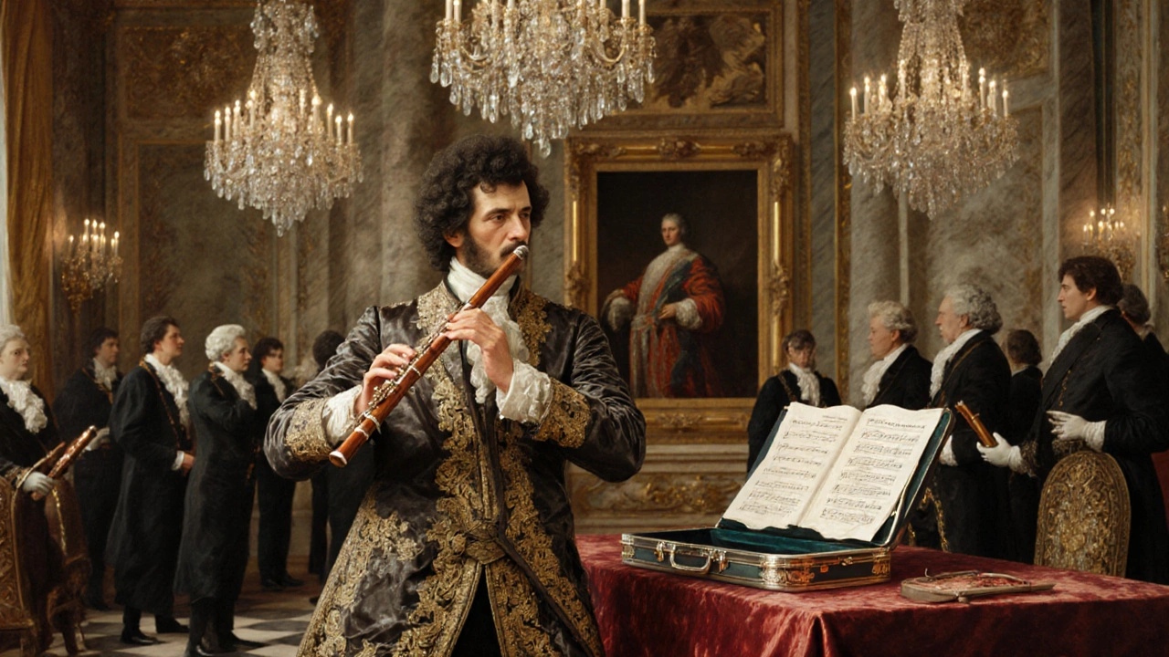 Un musicien joue de la flûte traversière dans une cour de Versailles au XVIIe siècle, entouré de musiciens et de détails de la cour française.