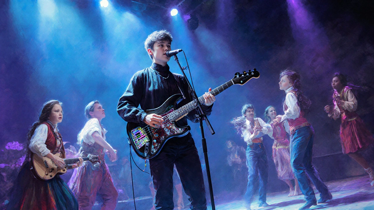 Un musicien moderne mélange tradition et électronique sur scène.