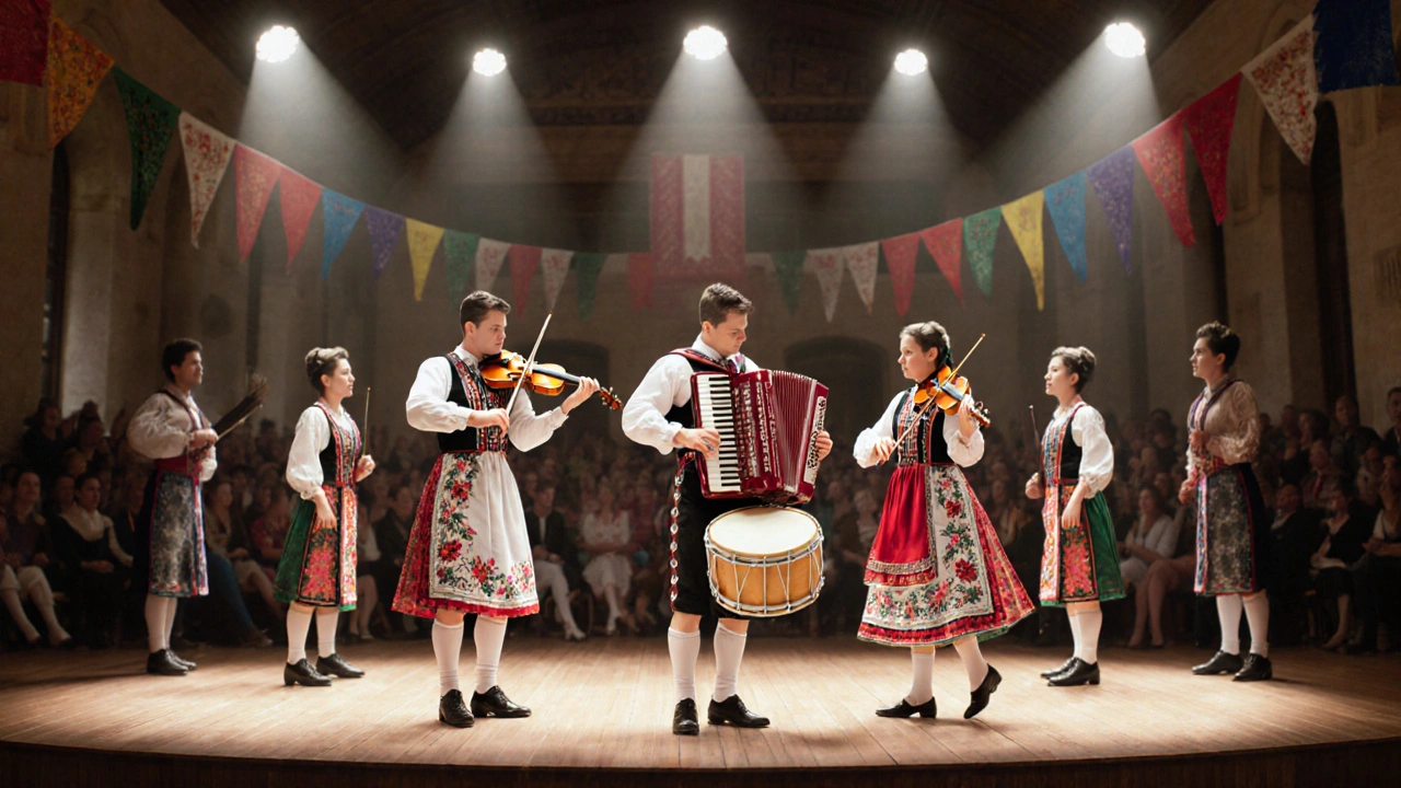 Un spectacle folklorique sur scène avec des musiciens en costumes traditionnels et des danseurs synchronisés.