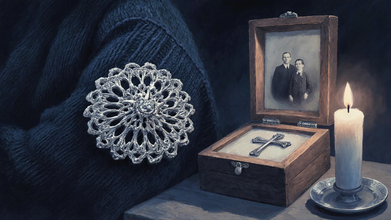 Une broche bretonne en argent portée sur un pull, avec une croix de baptême et une photo de famille.