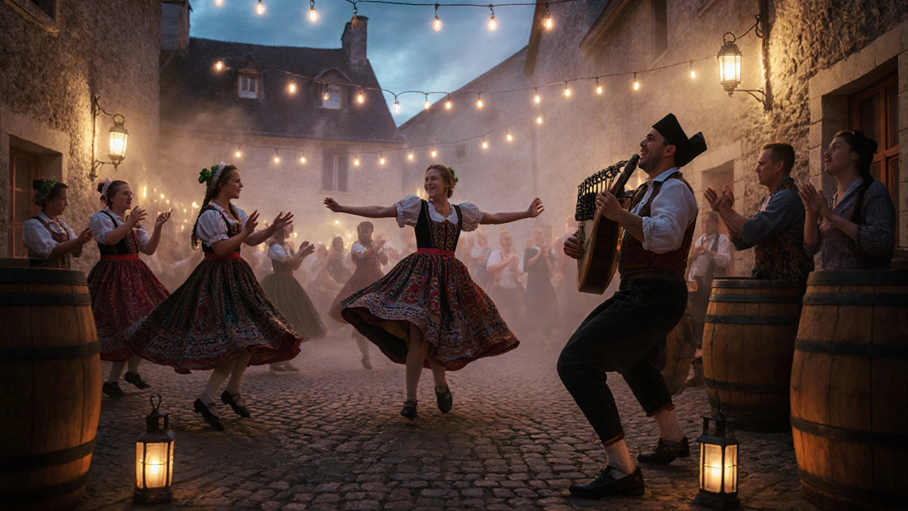 Une danse traditionnelle bretonne en plein air, des danseurs en costume, lumières et musique en plein air.