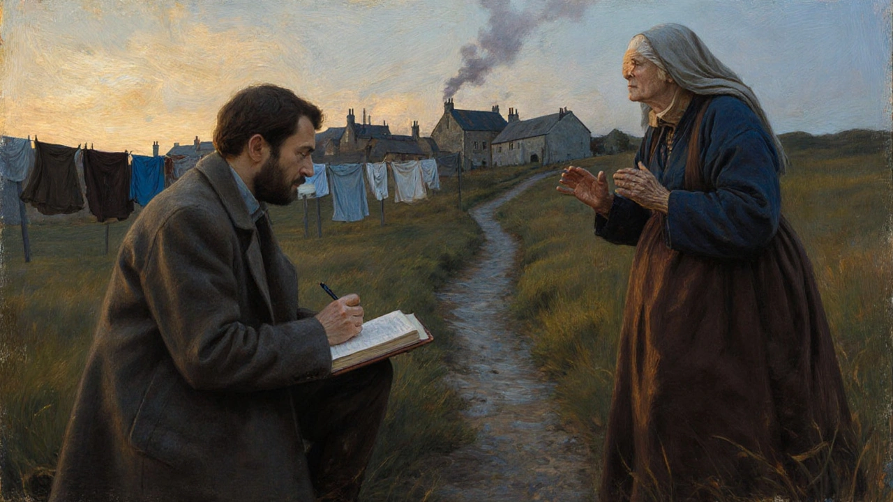 Une ethnographe note une chanson populaire dans un champ breton au coucher du soleil.