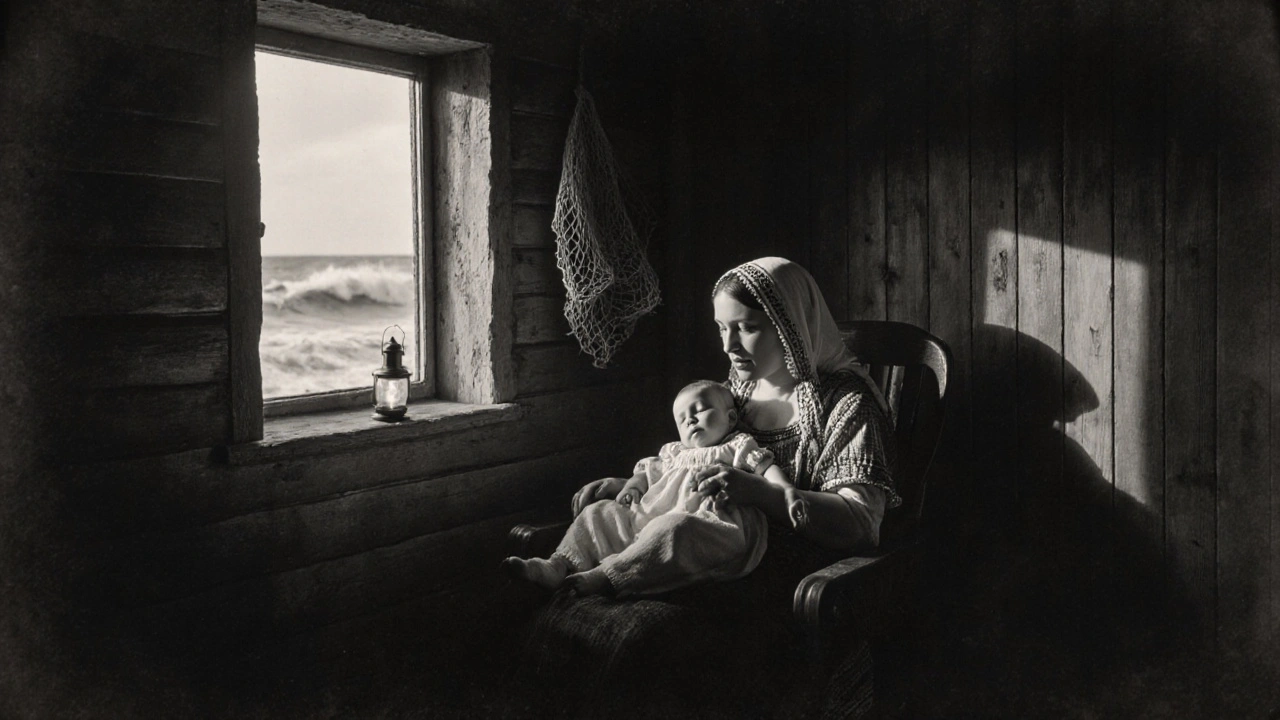 Une mère bretonne berce son bébé en chantant une berceuse traditionnelle près de la mer.