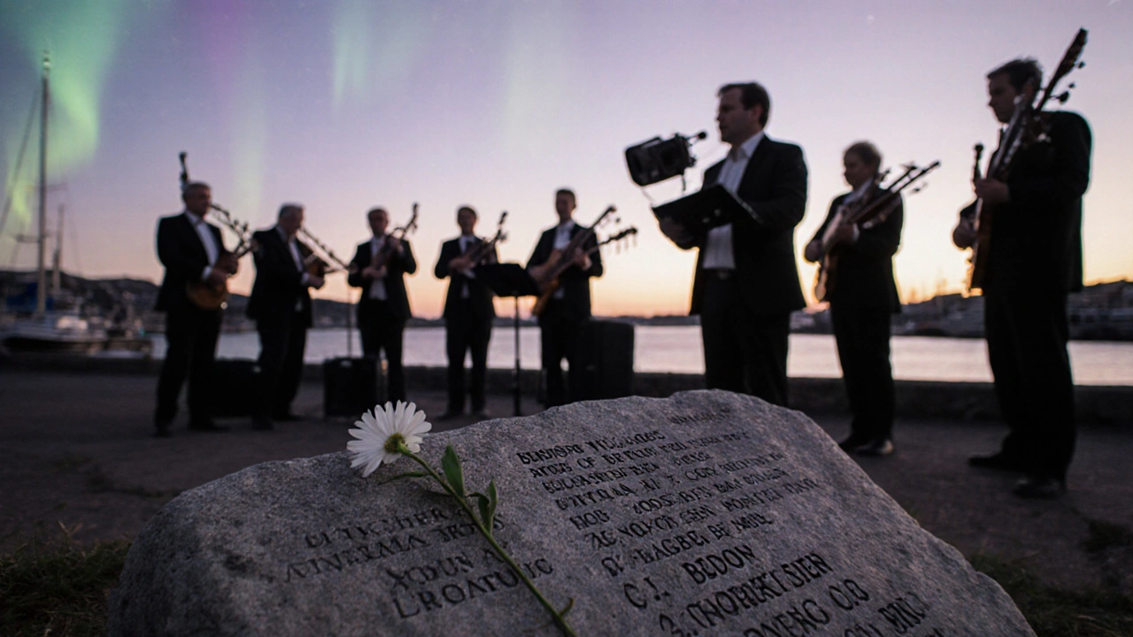 Une plaque gravée commémorant des villages bretons perdus, avec une fleur et une musique celtique en arrière-plan.