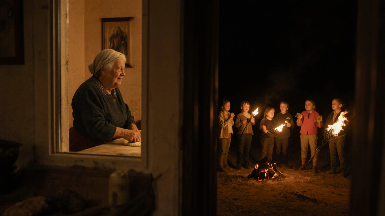 Une vieille femme chante doucement dans sa cuisine pendant qu&#039;en extérieur, des enfants célèbrent la Saint-Jean avec des torches.