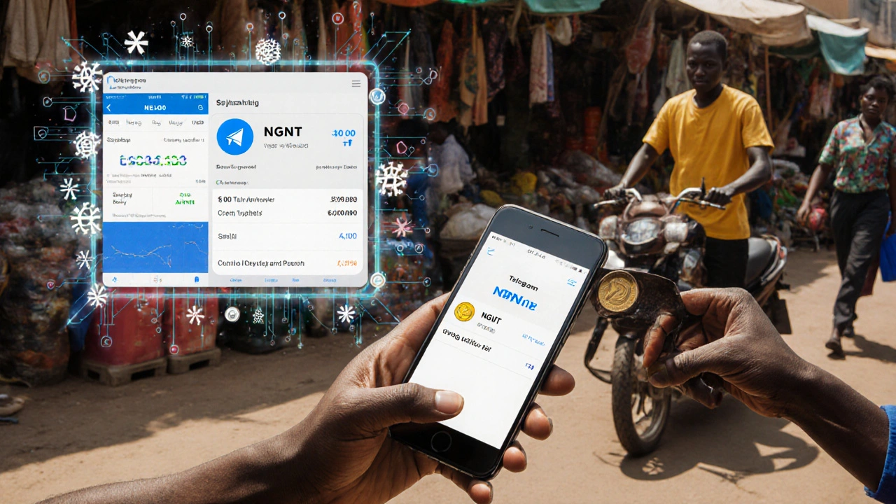 Vendeur au marché de Lagos acceptant un paiement NGNT sur smartphone, un migrant envoie de l&#039;argent à sa famille.