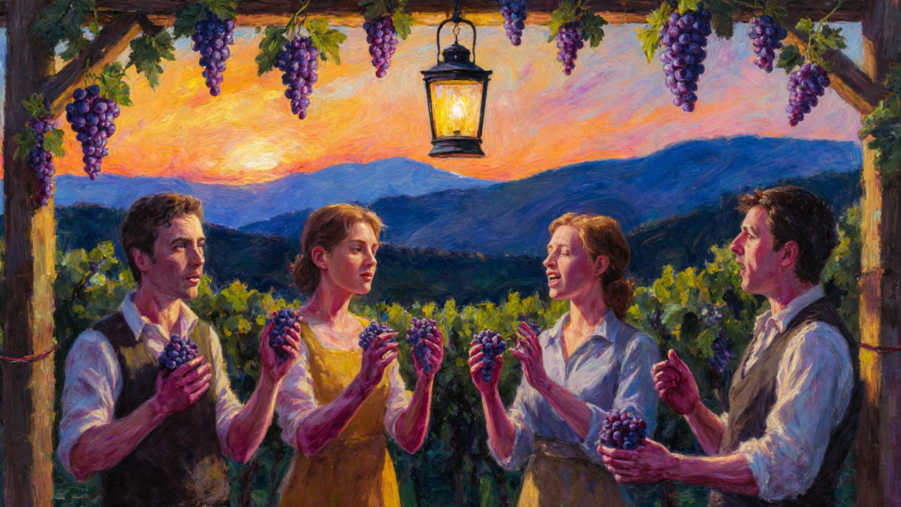 Vignerons provençaux chantent en cueillant les raisins au coucher du soleil.