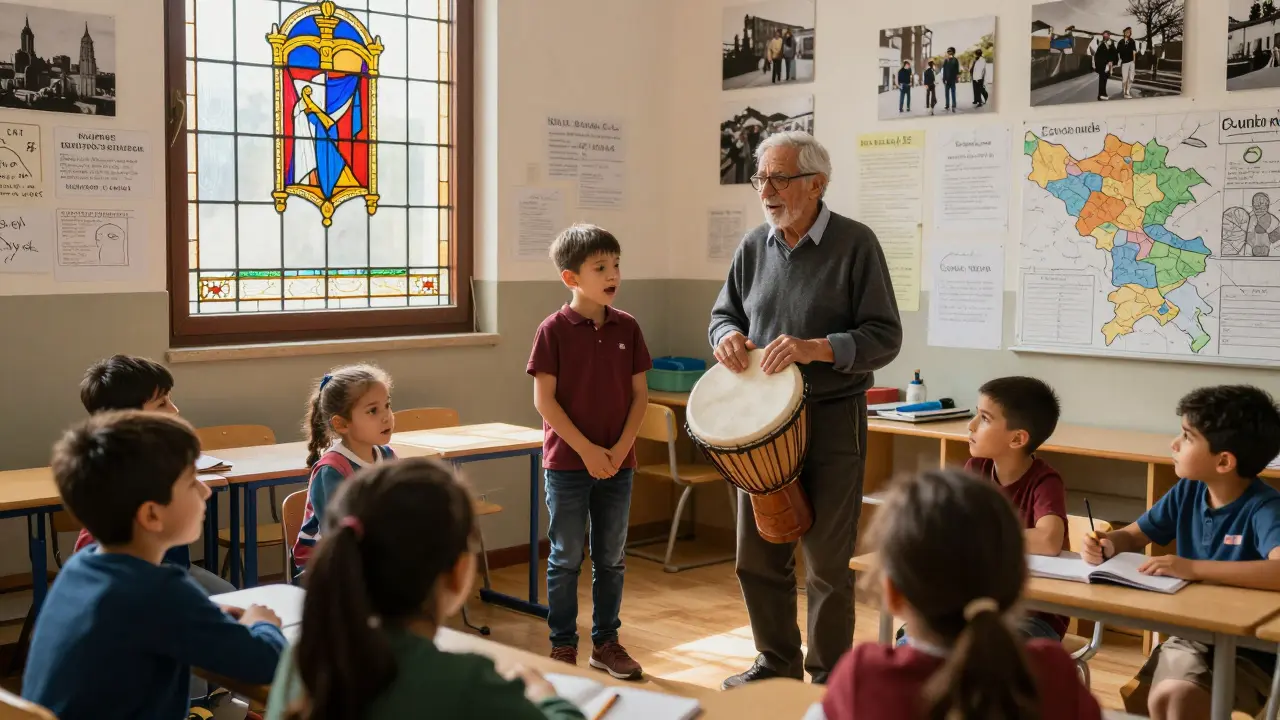A child sings Coumba with an elder in a bilingual school classroom, other students listening quietly.