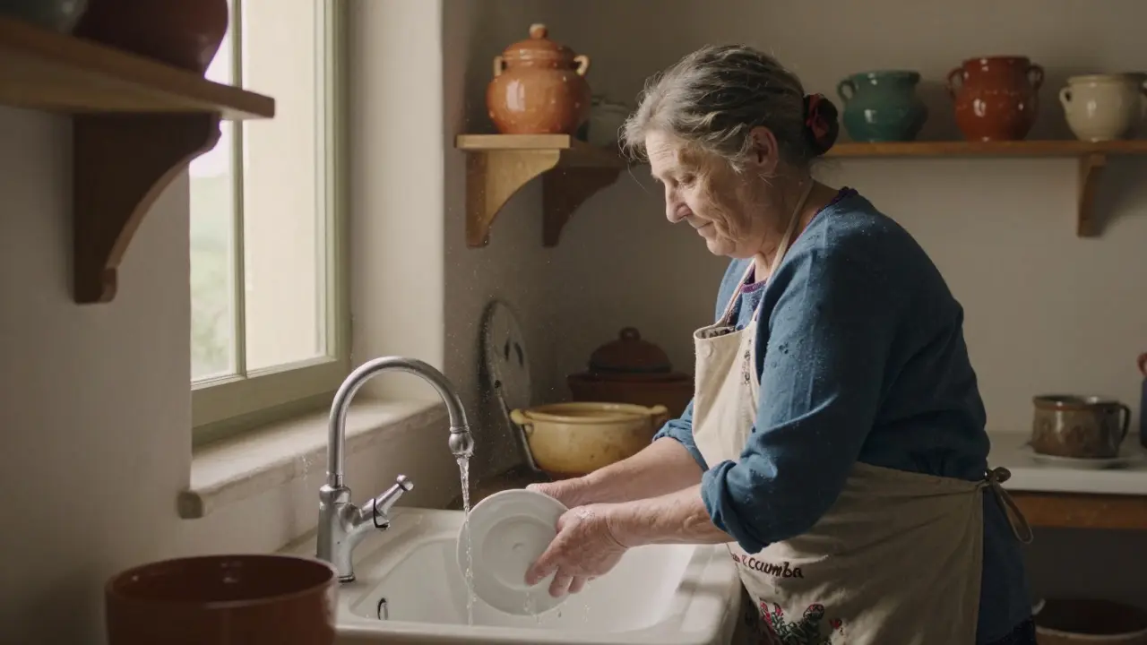 An elderly woman hums Coumba while washing dishes in a rustic kitchen, sunlight streaming through the window.