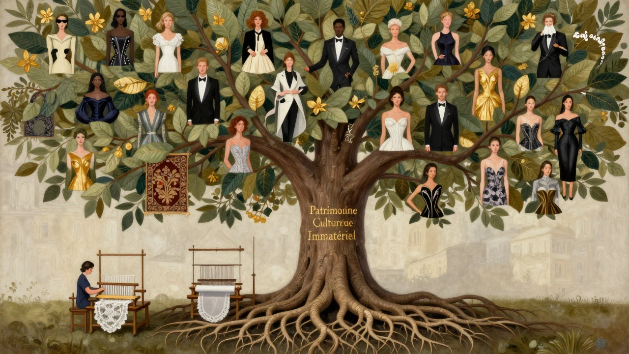 Arbre symbolique dont les racines et branches représentent les savoir-faire textiles français et les silhouettes emblématiques de la mode.