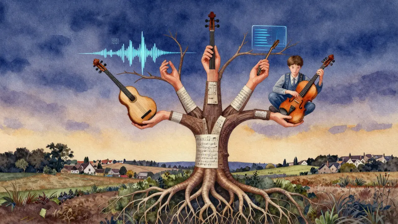 Arbre symbolique dont les racines sont des instruments traditionnels français et les branches mêlent modernité et héritage.