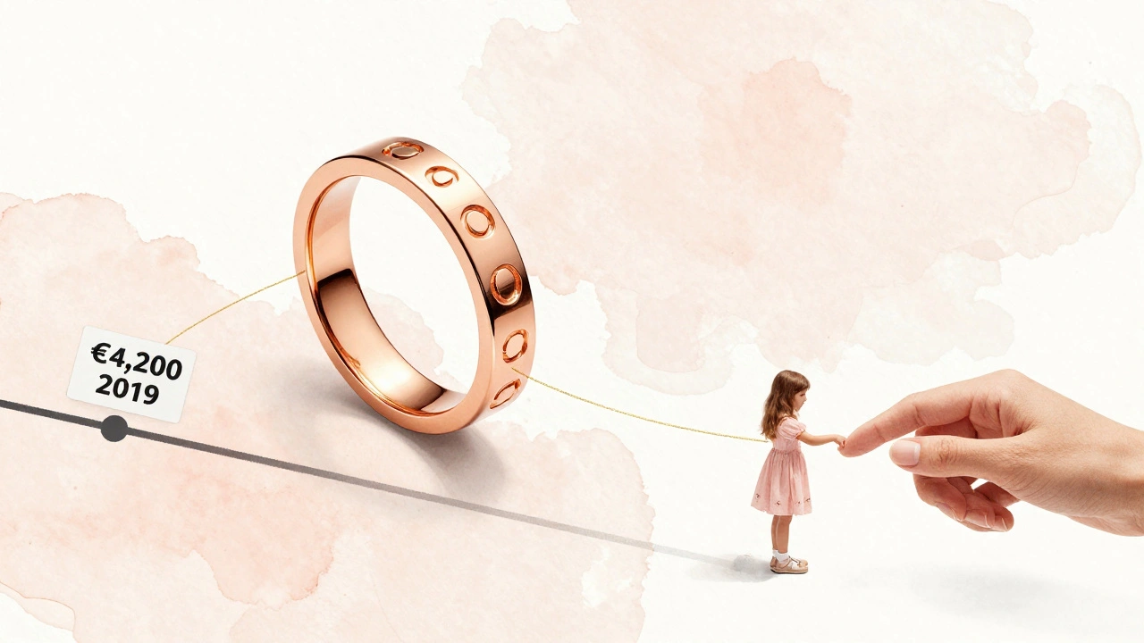 Bague Cartier Love flottant au-dessus d&#039;une ligne du temps, passant d&#039;une main à une autre dans une atmosphère onirique.