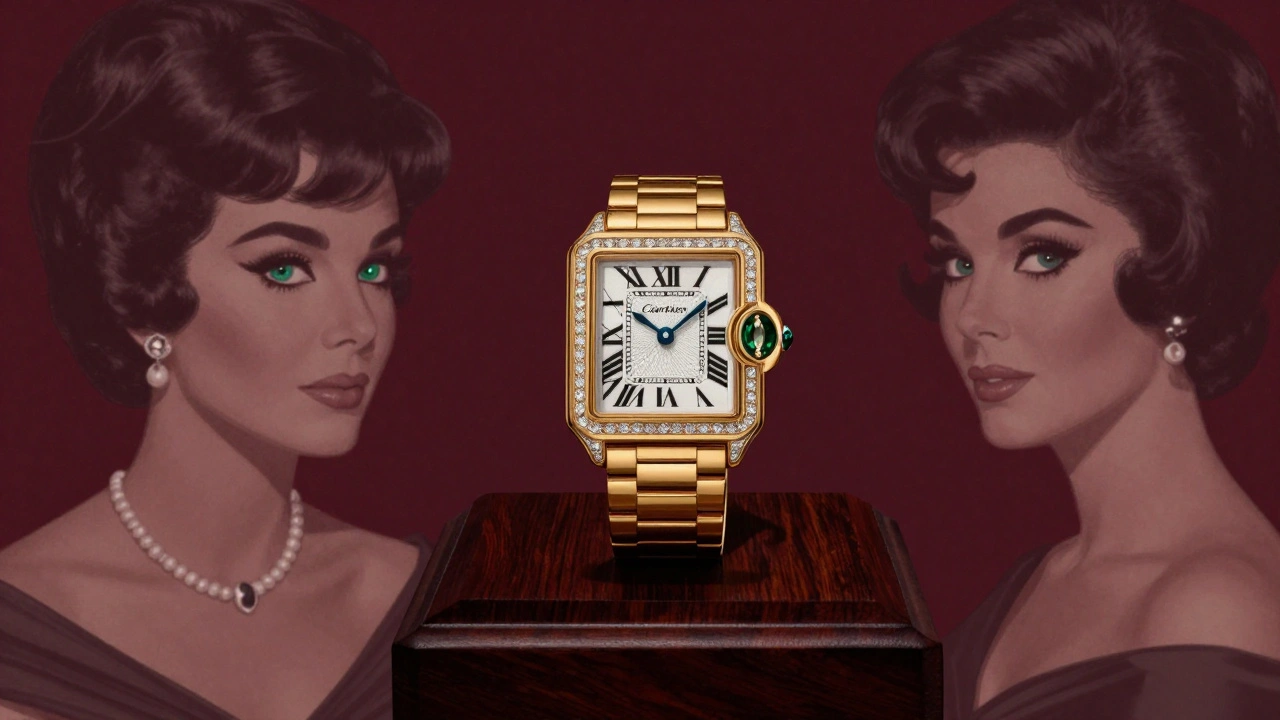 Bague Cartier Panthère des années 1980 en or avec émeraudes, exposée sur un support sombre, entourée de silhouettes élégantes.