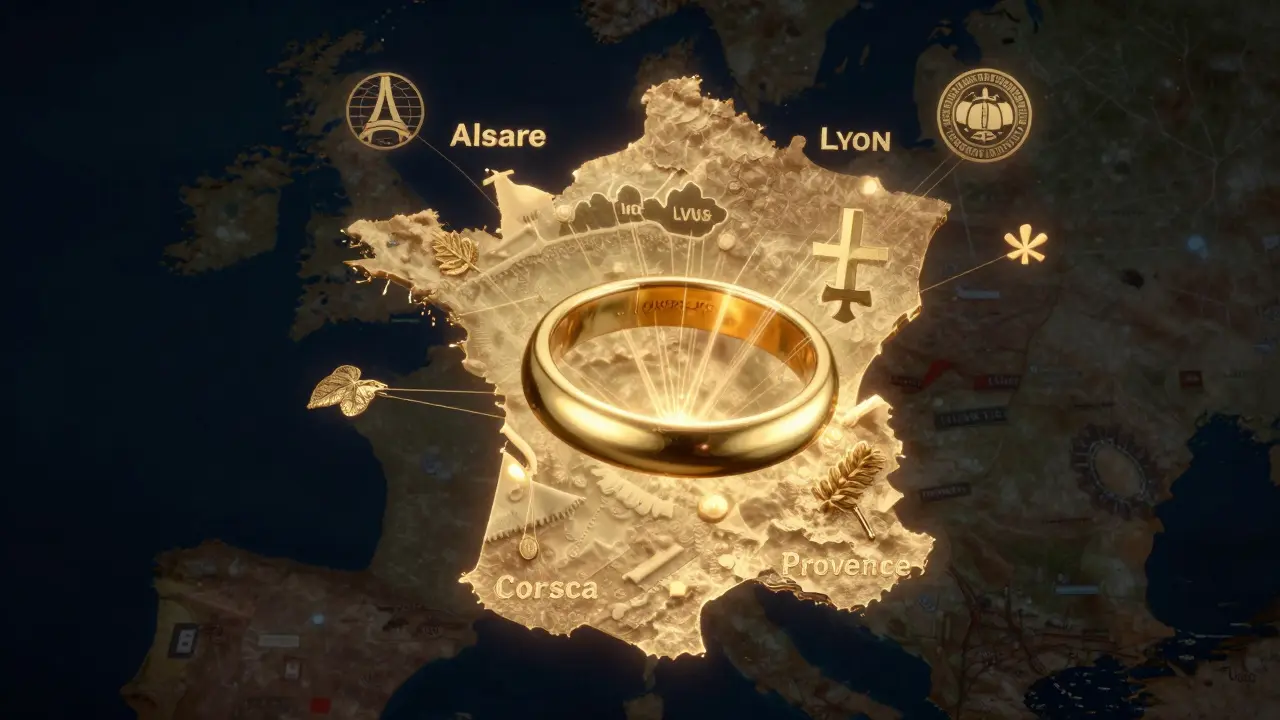 Bague en or 18 carats avec les symboles régionaux français flottant sur une carte.