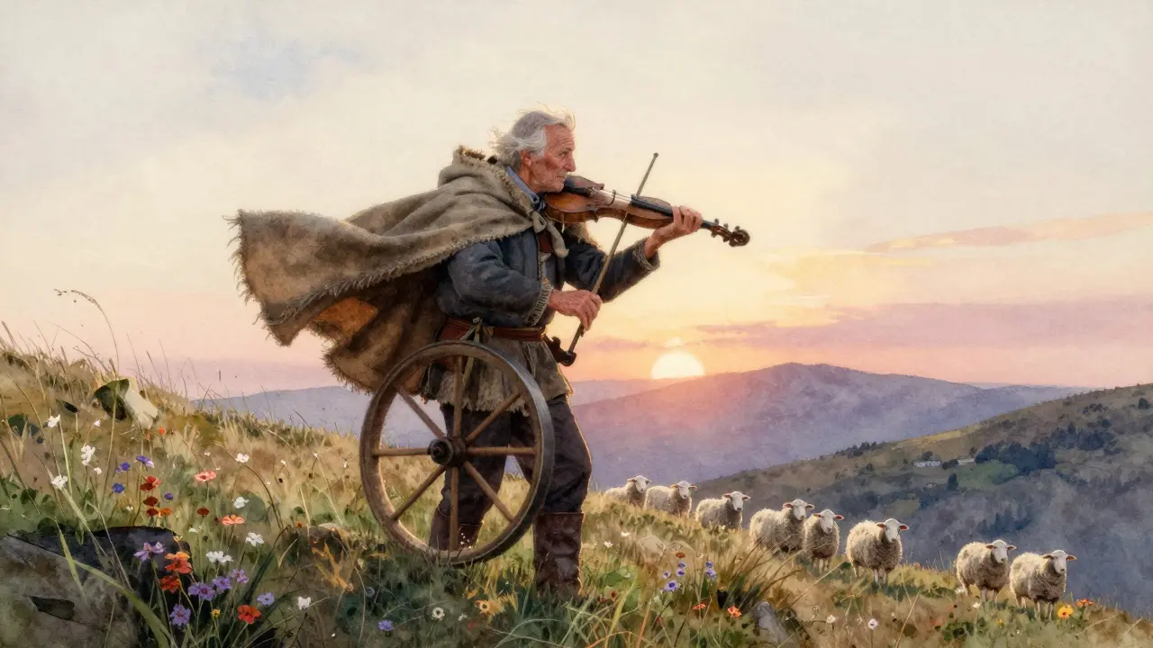 Berger jouant de la vielle à roue sur une montagne au lever du soleil.