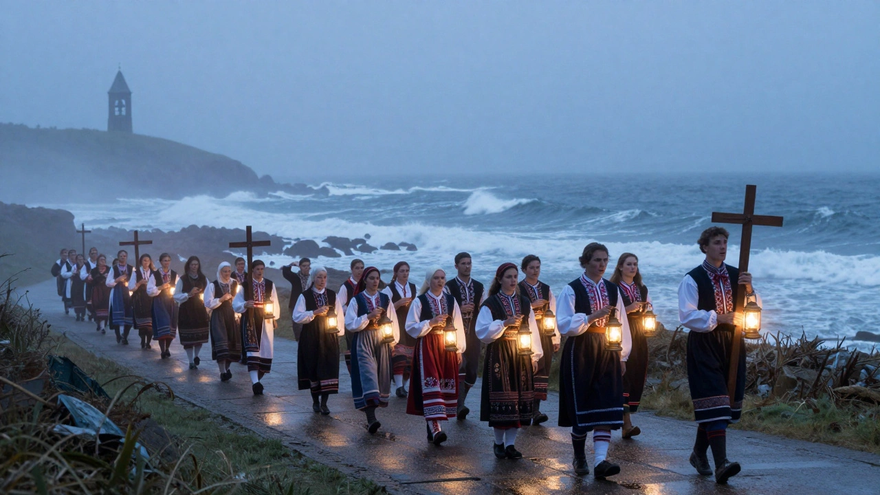 Breton pilgrims sing kantikou in a misty coastal procession under twilight lanterns.