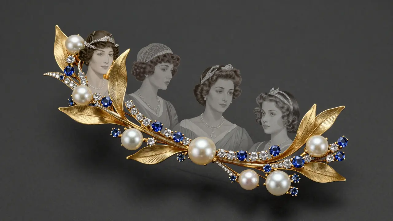 Broche Boucheron flottant dans le temps, révélant les silhouettes de trois générations de femmes qui l'ont portée.