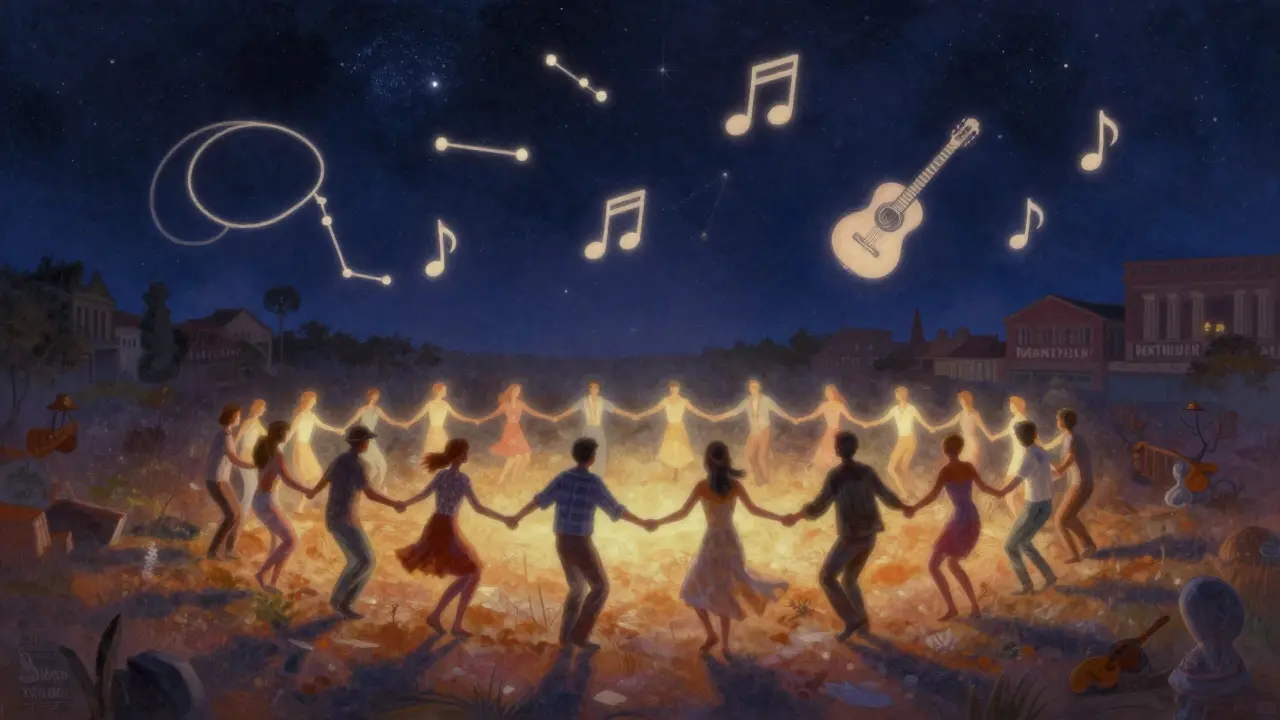 Cercle de personnes dansant sous les étoiles, symbolisant la fusion entre culture country américaine et identité française.