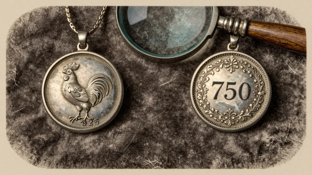 Comparaison de deux bijoux anciens : l'un marqué 925 avec le coq, l'autre 750, sous une loupe.