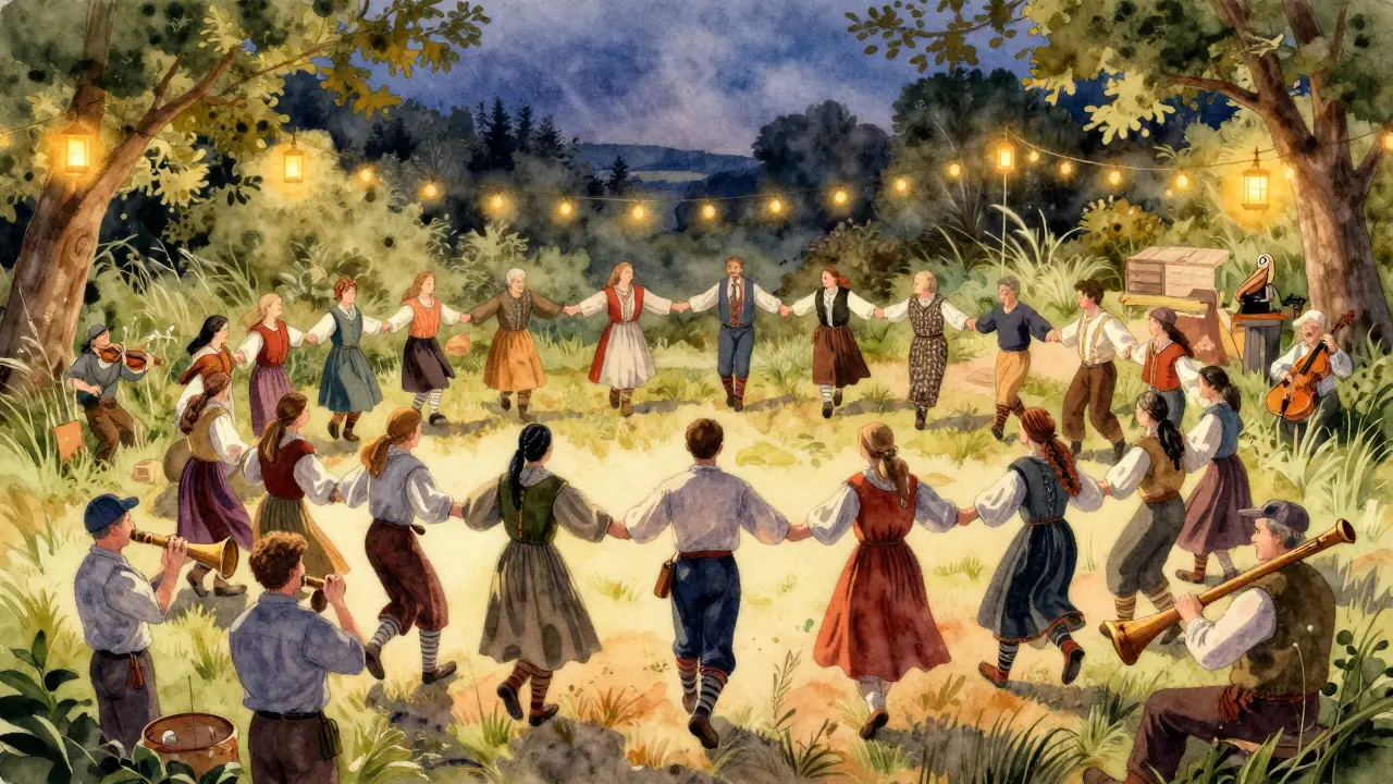 Danseurs en cercle lors d'un fest-noz en Bretagne, accompagnés par des musiciens, sous des lanternes chaudes et un ciel crépusculaire.