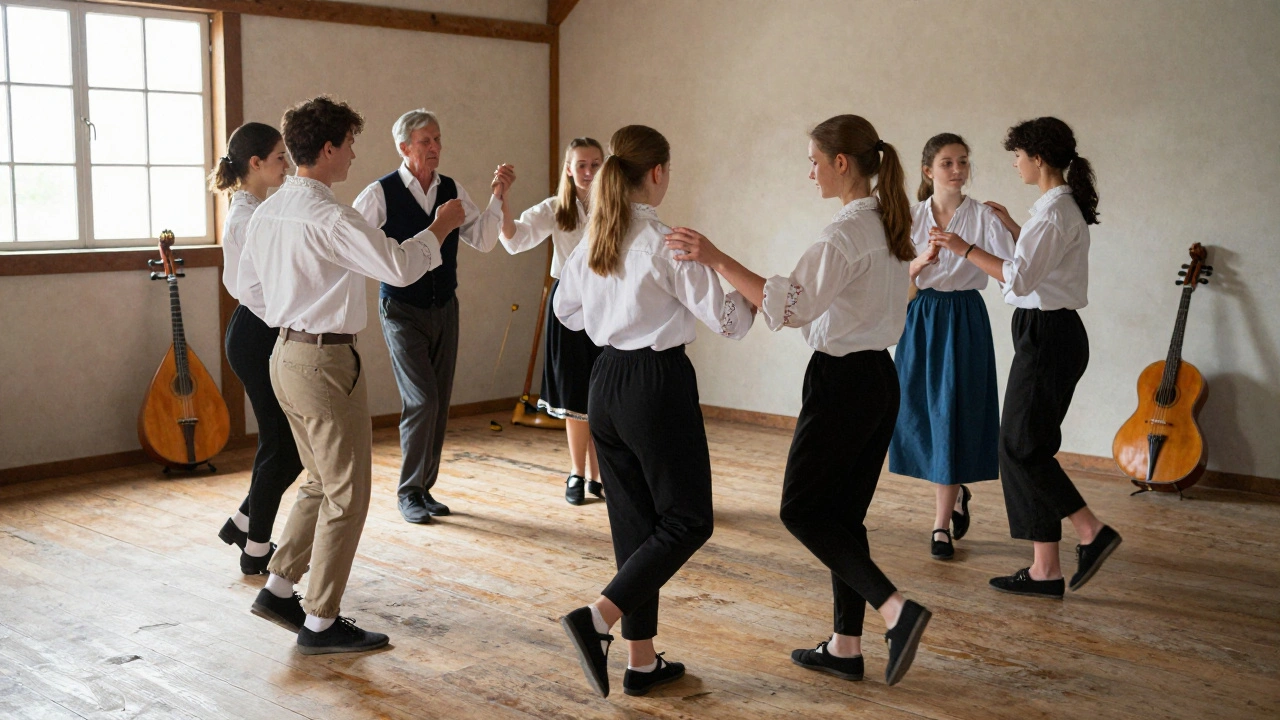 Des adolescents apprennent la bourrée auprès d&#039;un ancien dans un atelier de danse traditionnelle.