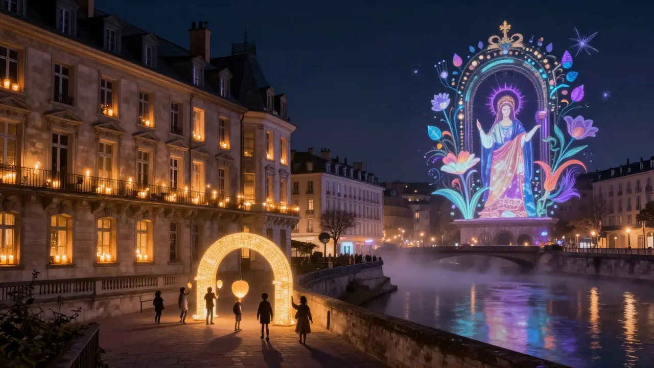 Des bougies lumineuses et des projections artistiques illuminent les façades de Lyon pendant la Fête des Lumières, sous un ciel nocturne.