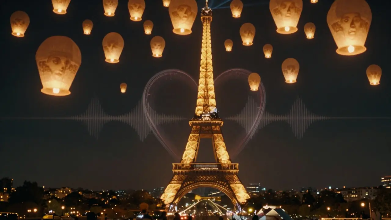 Des lanternes lumineuses portant des visages de spectateurs s'élèvent au-dessus de Paris, formant un cœur de lumière dans le ciel.