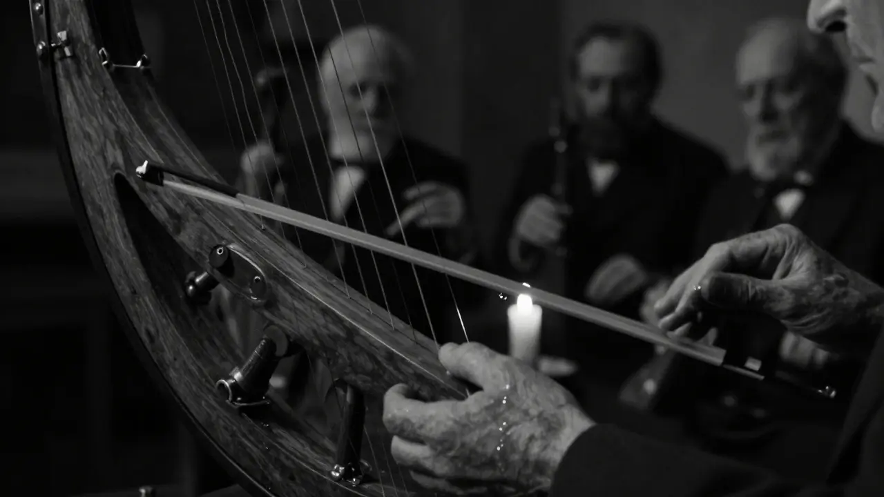 Des mains âgées jouent une vielle à roue, la roue tourne lentement sous une lumière de chandelle.
